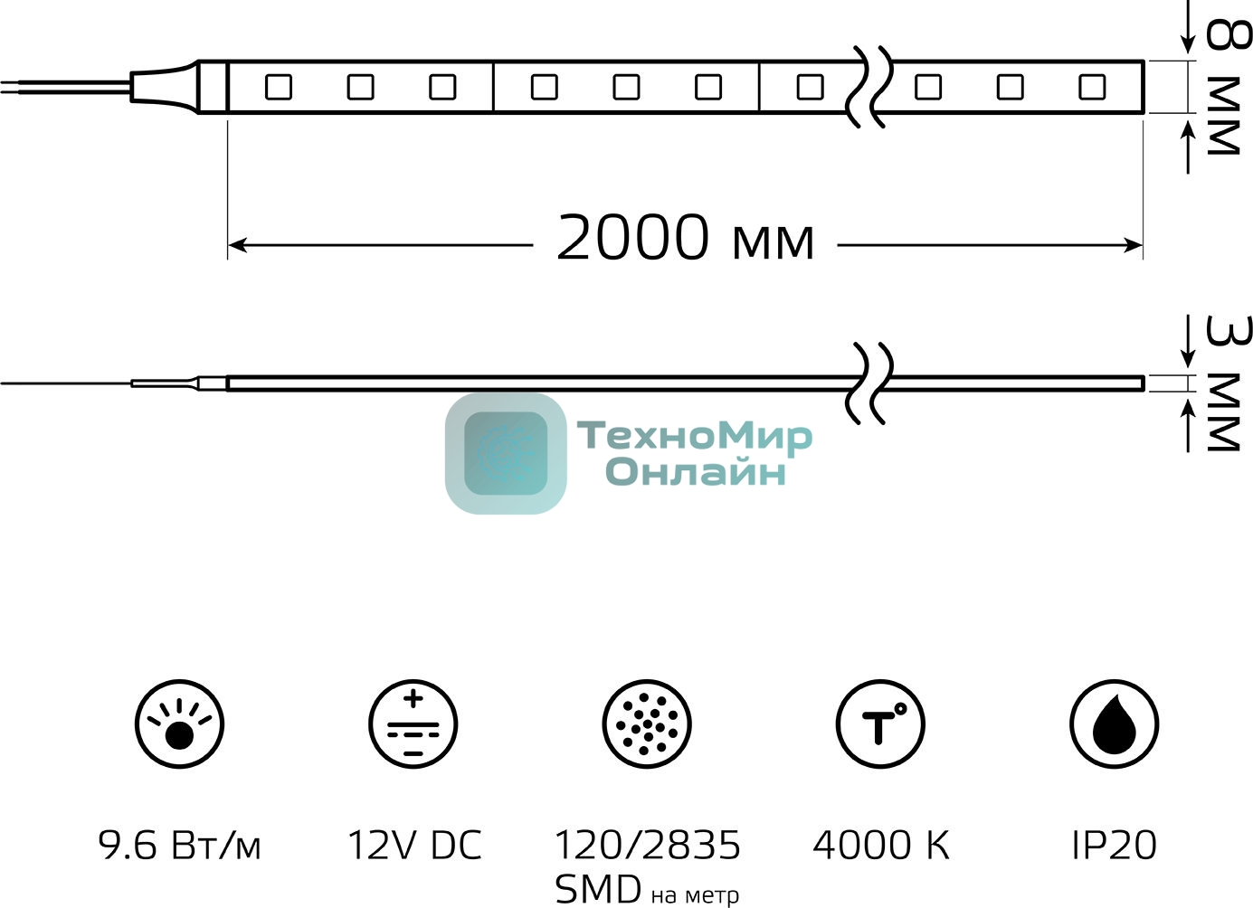 Лента светодиодная Basic Gauss 12V 9,6W/m 624lm/m 4000K IP20 LED 2m 1/100