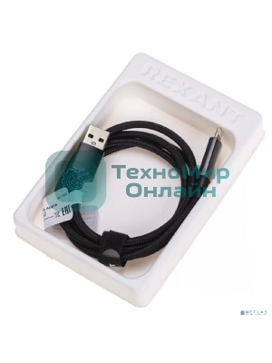 Кабель Rexant USB-A - Lightning для Apple, 2,4А, 1м, в черной нейлоновой оплетке, c LED дисплеем