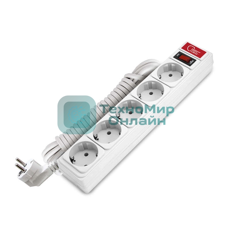Удлинитель с сетевым фильтром 5х5 м 10А ПВС 3х0.75 белый, Союз 1327