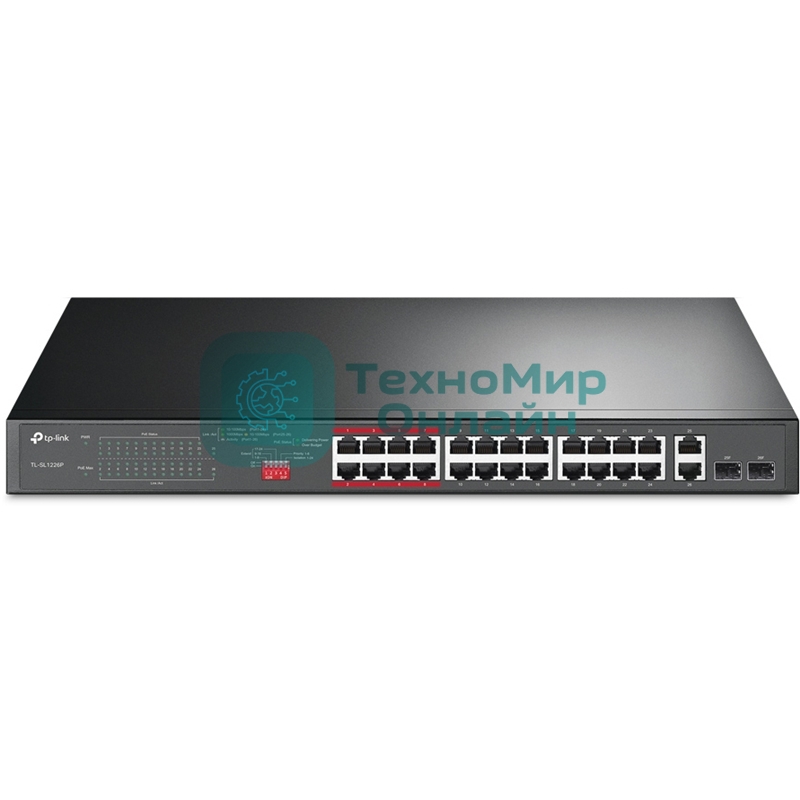 Коммутатор 24-port 10/100Mbps Unmanaged PoE+ Switch with 2 combo RJ-45/SFP uplink ports, metal case, rack mount, 24 802.3af/at compliant PoE+ ports, 2 gigabit combo RJ-45/SFP uplink ports, DIP switches for Extend mode, Isolation mode and Priority mode, up to 25