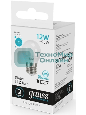 Лампа светодиодная Gauss Elementary 12Вт цок.:E27 шар 220B 4100K св.свеч.бел.нейт. (упак.:10шт)