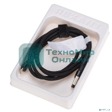 Кабель Rexant USB-A - Lightning для Apple, 2,4А, 1м, в черной нейлоновой оплетке, с LED подсветкой