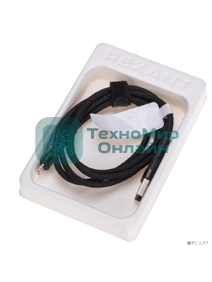 Кабель Rexant USB-A - Lightning для Apple, 2,4А, 1м, в черной нейлоновой оплетке, с LED подсветкой