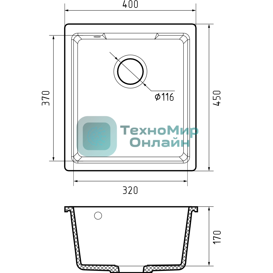 Мойка GRANFEST URBAN 4540 подстольный монтаж 1-чаша 450x400мм, монтаж: универсальный, материал: кварц, черный