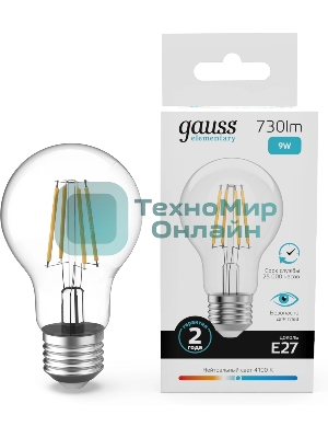 Лампа филам. Gauss Filament 9Вт цок.:E27 груша св.свеч.бел.нейт. (упак.:10шт) (22229)