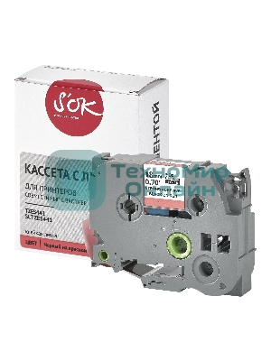 Кассета с лентой S'OK by Sakura Printing TZES441 для Brother, черный на красном, 18мм/8м, наклейка