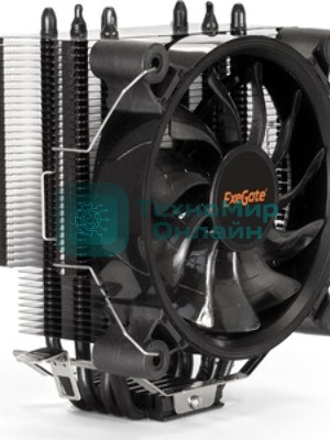 Кулер для процессора ExeGate Dark Magic EXX400V3-PWM.RGB (Al+Cu, черное покрытие, 4 тепл.трубки, LGA1150/1151/1155/1156/1200/1700/1851/AM2/AM2+/AM3/AM3+/AM4/AM5/FM1/FM2/754/939/940, TDP 140W, Fan 120mm, PWM, 800-1800RPM, Hydro bearing, 4pin, 11-24db, 500г брутто, RGB подсветка, с термопастой, на винтах, RTL)