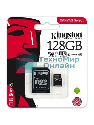Флеш карта microSDHC 128Gb microSDXC Kingston SDCS2/128Gb Class10 UHS-I Canvas Select up to 100Mb/s с адапт.