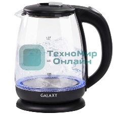Чайник электрический Galaxy Line GL 0554, черный, стекло, 2000 Вт, 1,8 л, LED-подсветка, шкала уровня воды, корпус из термостойкого стекла