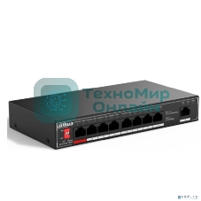 Коммутатор неуправляемый 9-портовый с РоЕ Dahua DH-SF1009P, 8xRJ45 100Mb PoE, 1xRJ45 100Mb uplink, суммарно 96Вт, коммутация 1.8 Гбит/с, MAC-таблица 2K, металл