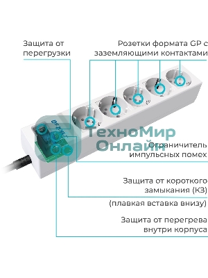 Сетевой фильтр Pilot SG 10 м, 5 розеток, белый, коробка