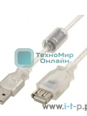 Кабель-удлинитель USB2.0 Pro Cablexpert CCF-USB2-AMAF-TR-2M, AM/AF, 2м, экран, 2феррит.кольца, прозрачный, пакет