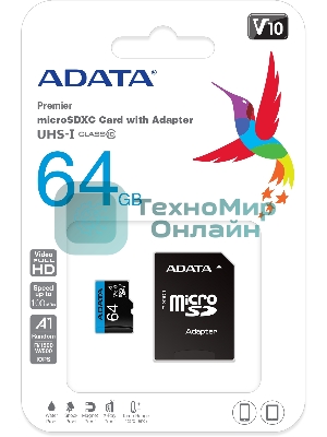 Флеш карта microSD 64Gb ADATA microSDHC Class 10 UHS-I A1 100/25 MB/s (SD адаптер)