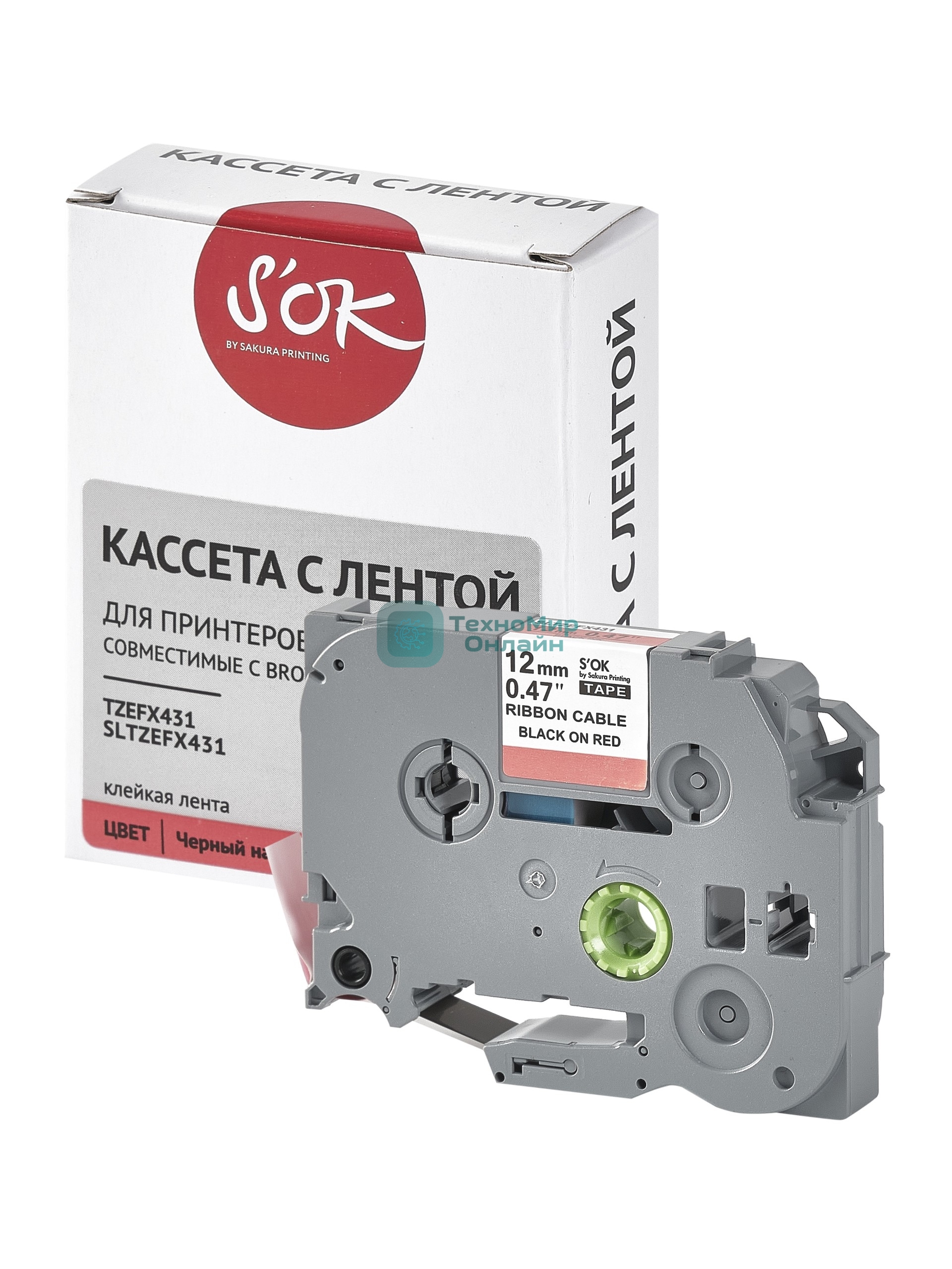 Кассета с лентой S'OK by Sakura Printing TZEFX431 для Brother, черный на красном, 12мм/8м, наклейка