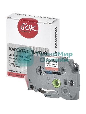 Кассета с лентой S'OK by Sakura Printing TZEFX431 для Brother, черный на красном, 12мм/8м, наклейка
