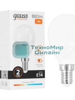 Лампа светодиодная Gauss Elementary 12Вт цок.: E14 шар 220B 3000K св. свеч. бел. теп. (упак.: 10 шт) (53112)