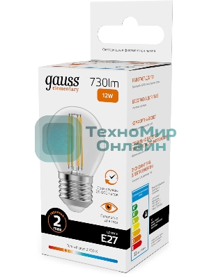Лампа филам. Gauss Filament 12Вт цок.:E27 шар св.свеч.бел.теп. (упак.:10шт) (52212)