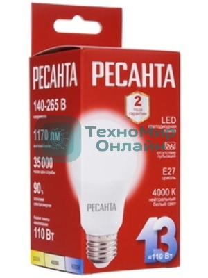 Лампа светодиодная Ресанта LL-R-A60-13W-230-4K-E27 груша, 13 Вт, нейтр., Е27