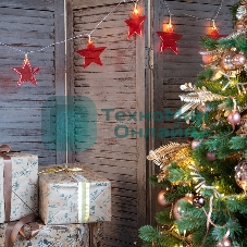 Гирлянда светодиодная Neon-night Звездопад красная 10 LED, 2,25 м, прозрачный ПВХ, теплый белый свет свечения, 2 х АА (батарейки не в комплекте)