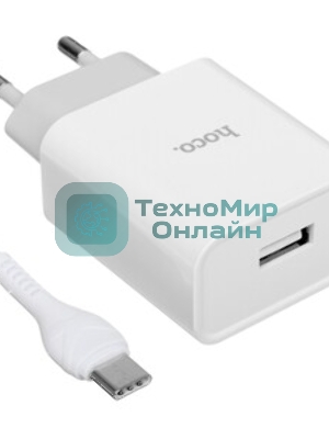 Зарядное устройство Hoco 10.5Вт, 2.1А, 1хUSB + кабель USB/Type-C 1м, C81A, белый, блистер
