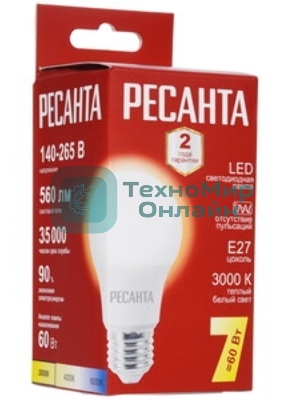 Лампа светодиодная Ресанта LL-R-A60-7W-230-3K-E27 груша, 7 Вт, тепл., Е27