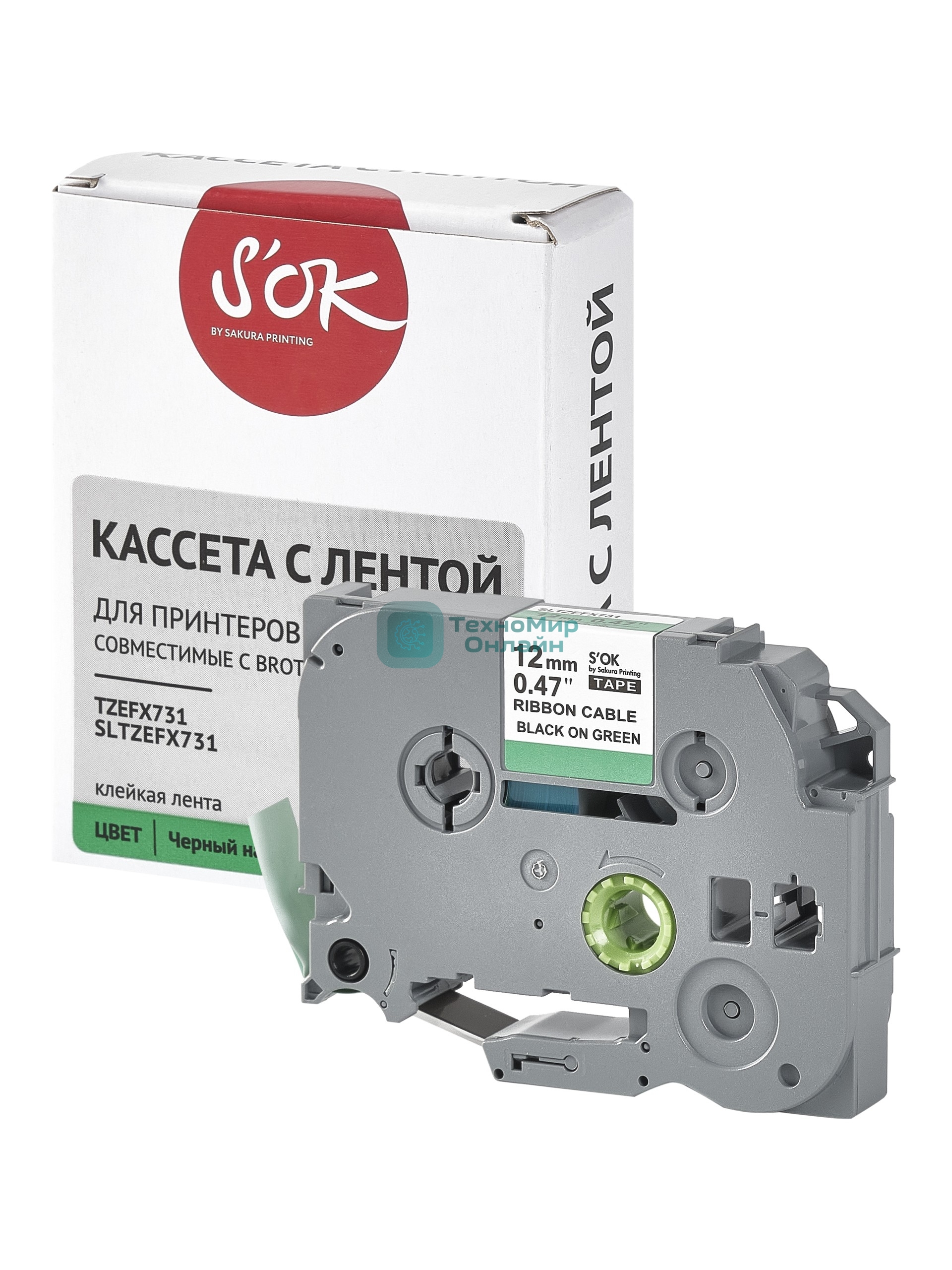 Кассета с лентой S'OK by Sakura Printing TZEFX731 для Brother, черный на зеленом, 12мм/8м, наклейка