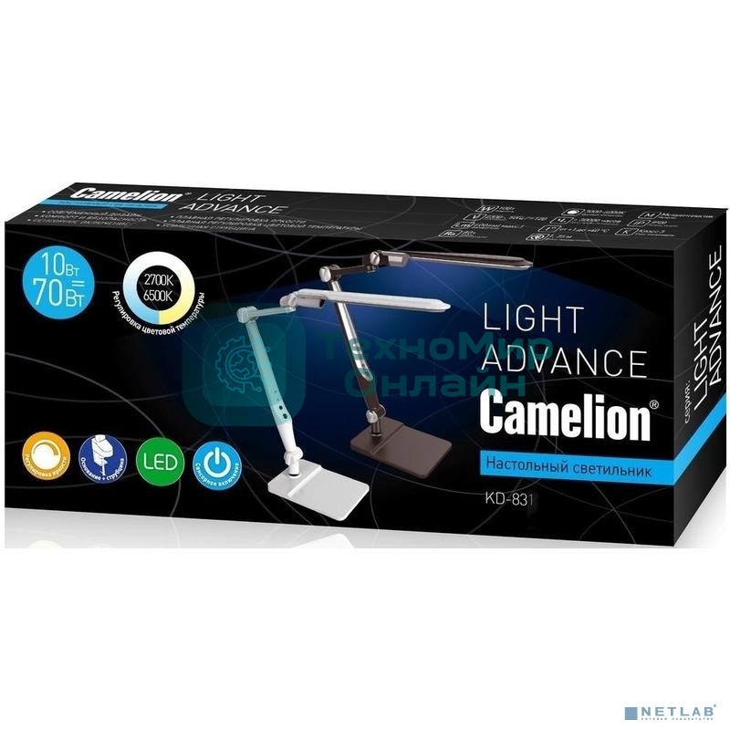 Светильник Camelion KD-831 C01 бел LED (Свет-к наст.10 Вт,230В, осн+струбц.,600 лм,сенс.рег.ярк и .тем)