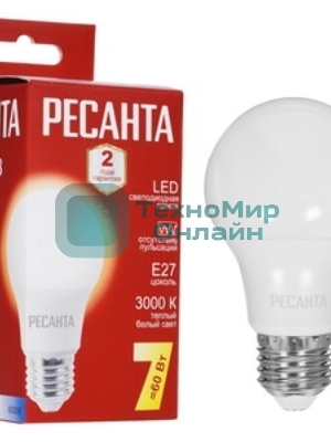 Лампа светодиодная Ресанта LL-R-A60-7W-230-3K-E27 груша, 7 Вт, тепл., Е27