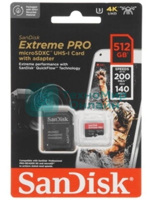 Флеш карта microSD 512Gb SanDisk microSDXC Class 10 UHS-I A2 C10 V30 U3 Extreme Pro (SD адаптер) 200Mb/s