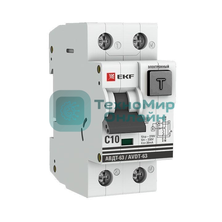 Выключатель автоматический дифференциального тока 63 10А/30мА (хар-ка C, электронный тип A) 6кА EKF PROxima EKF DA63-10-30e
