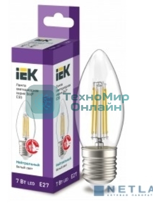 Лампа светодиодная IEK LLF-C35-7-230-40-E27-CL филаментная 360° 7Вт C35 свеча 4000К E27 230В прозр.