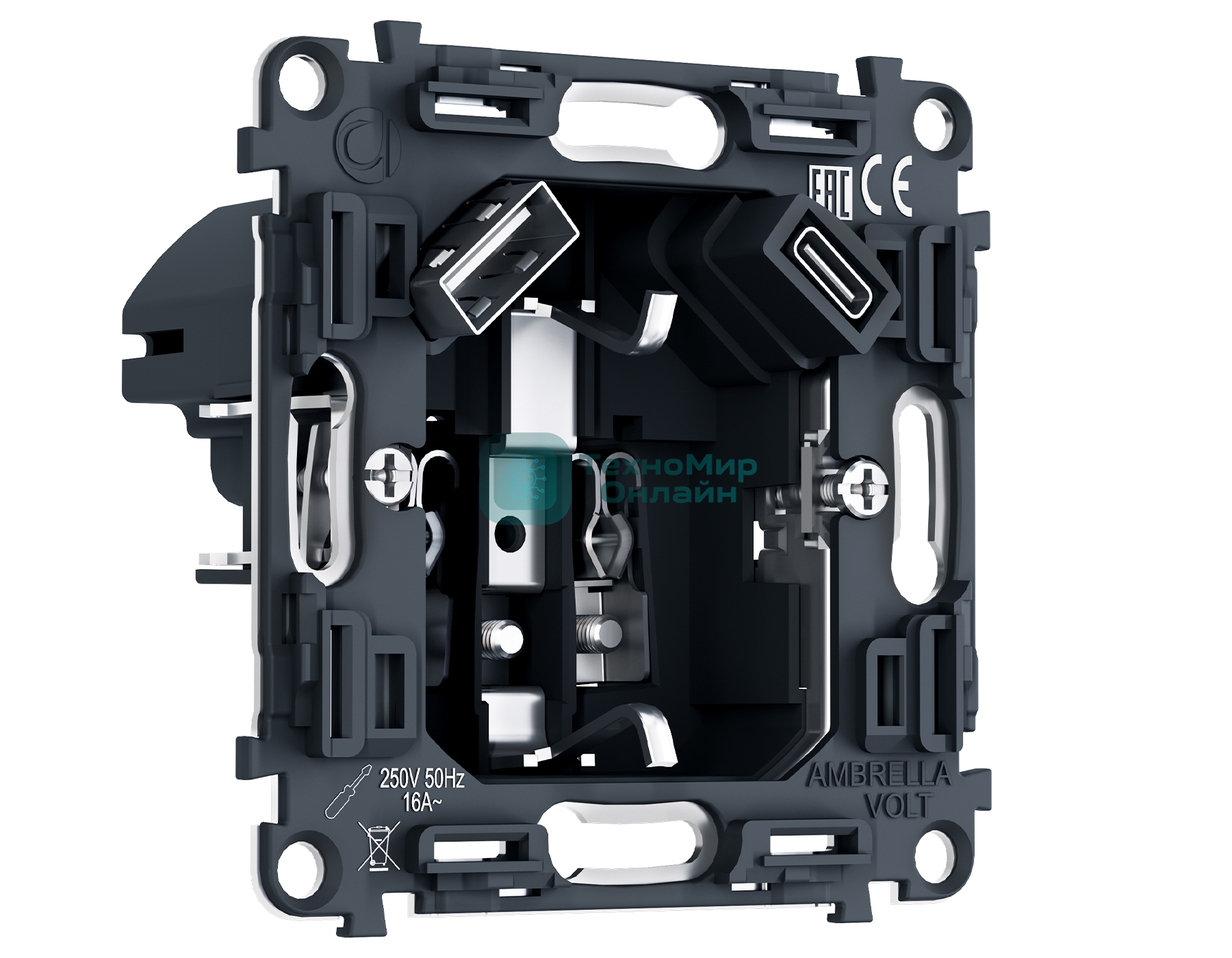 PR160 Механизм электрической розетки 2USB A+C 20W (быстрая зарядка) с/з на винтовых зажимах QUANT PRO