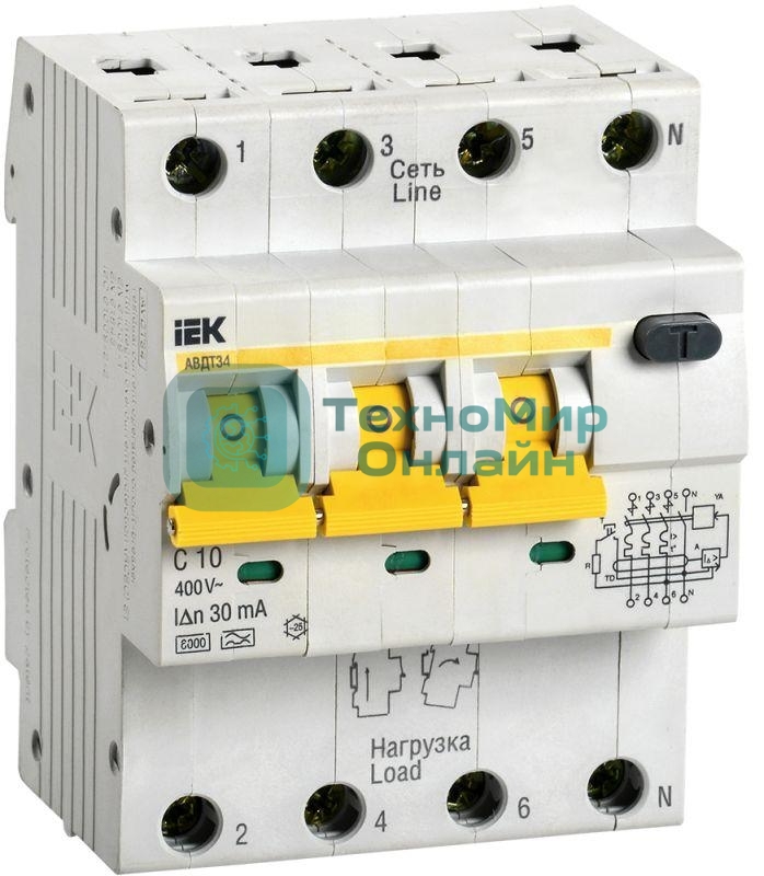 Выключатель автоматический дифференциального тока 4п (3P+N) C 10А 30мА тип A 6кА АВДТ-34 IEK MAD22-6-010-C-30