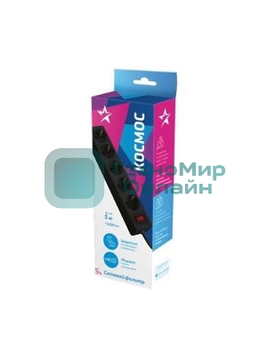 Удлинитель с сетевым фильтром Космос 5х5 м с заземл. 10А IP20 2.2 кВт 3х0.75 индикатор сети черный