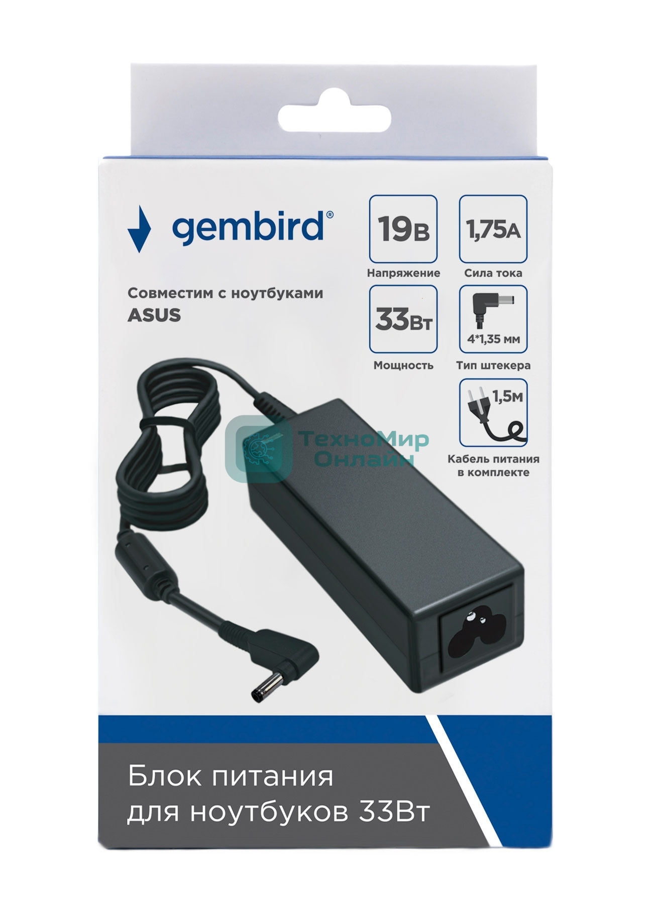 Блок питания Gembird для ноутбуков Asus NPA-AC28, 19В/1.75А, 33Вт, штекер 4x1.35мм