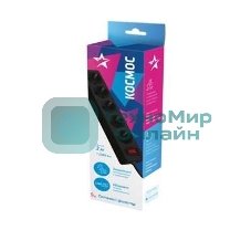 Удлинитель с сетевым фильтром Космос 5х3 м с заземл. 10А IP20 2.2 кВт 3х0.75 индикатор сети черный