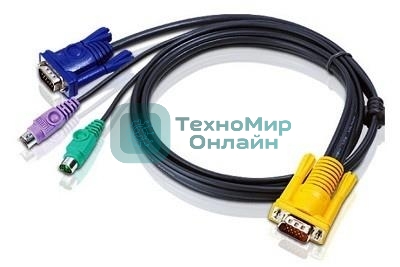 Шнур, мон+клав+мышь PS/2, SPHD15=>HD DB15+2x6MINI-DIN ATEN (2L-5202P) Male-3xMale, 8+6+6 проводов, опрессованный, 1.8 метр., черный