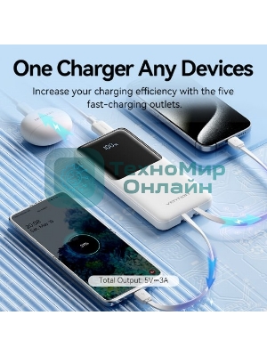 Портативный аккумулятор Vention Power Bank 10000mAh(Micro-USB/C/A/A) со встроенными кабелями 22.5W белый с LED Дисплеем, шт.