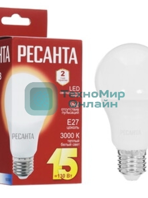 Лампа светодиодная Ресанта LL-R-A65-15W-230-3K-E27 груша, 15 Вт, тепл., Е27