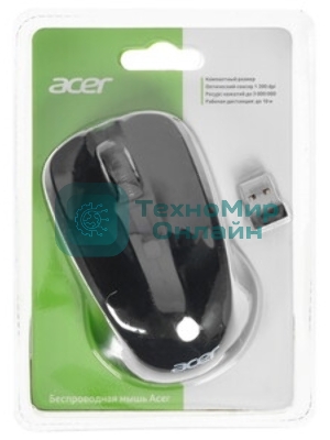 Мышь беспроводная Acer OMR010 черный, 1200 dpi, радиоканал, USB, кнопки - 3