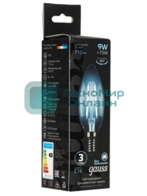 Лампа светодиодная Gauss Filament 103201209-D 9Вт цок.: E14 свеча 220B св. свеч. белый нейт. (упак.: 10 шт)