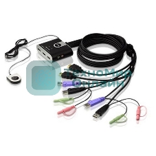 Переключатель KVM ATEN (CS692-AT) KVM+Audio, 1 user USB+HDMI => 2 cpu USB+HDMI, со встр.шнурами USB+Audio 2x1.2м., 1920x1200, настол., исп.стандарт.