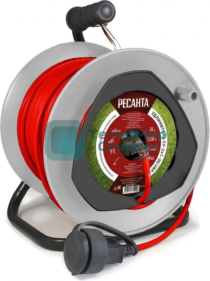 Удлинитель силовой Ресанта СУ-2х1-30/2ВР (61/118/11) 2x1.0 кв.мм 4 розет. 40 м ПВС катушка оранжевый