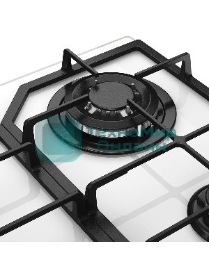 Варочная панель MONSHER MGG 63 Blanc, газ, High-Tech, 59 см, автоматический электроподжиг, газ-контроль, форсунки под сжиженый газ, SABAF конфорки, чугунные решетки, белый