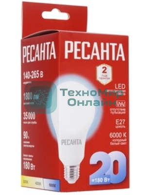Лампа светодиодная Ресанта LL-R-A80-20W-230-6K-E27 груша