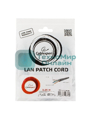 Патч-корд UTP Cablexpert PP6U-0.25M/BK cat.6, 0.25м, литой, многожильный, черный