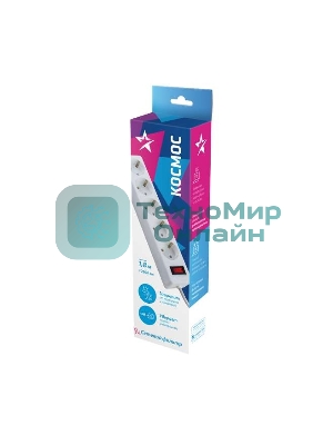 Удлинитель с сетевым фильтром Космос 5х1.8 м с заземл. 10А IP20 2.2 кВт 3х0.75 индикатор сети белый