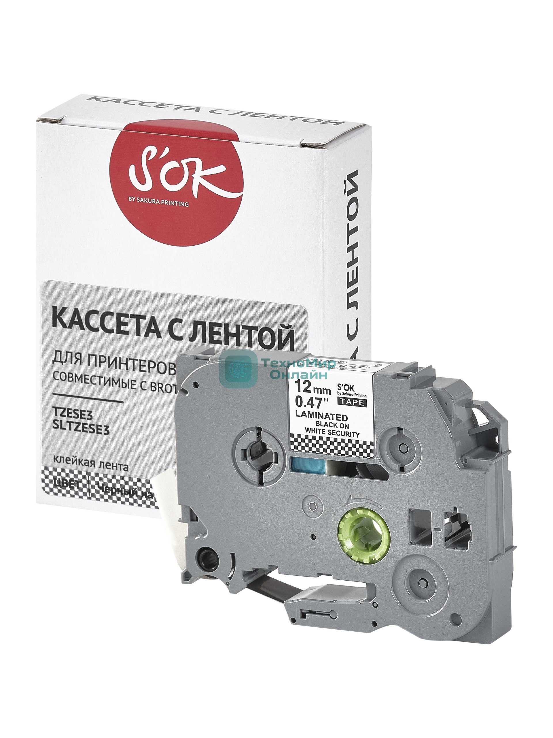 Кассета с лентой S'OK by Sakura Printing TZESE3 для Brother, черный на белом, 12мм/8м, наклейка