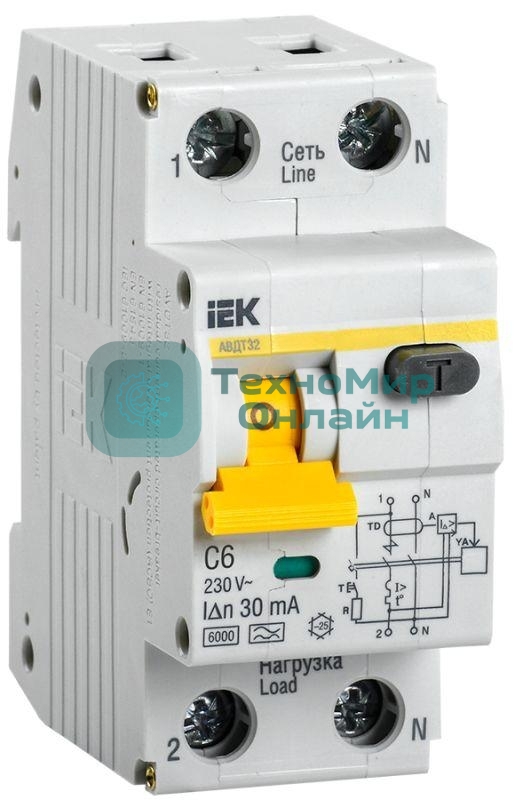 Выключатель автоматический дифференциального тока 2п (1P+N) C 6А 30мА тип A 6кА АВДТ-32 IEK MAD22-5-006-C-30