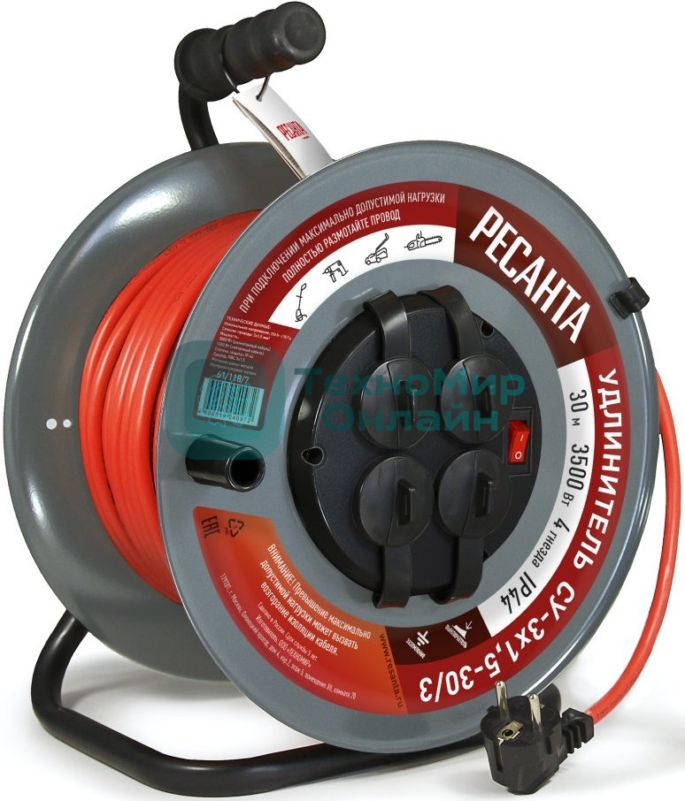 Удлинитель силовой Ресанта СУ-3х1,5-30/3 (61/118/7) 2x1.0 кв.мм 4 розет. 40 м ПВС катушка серый